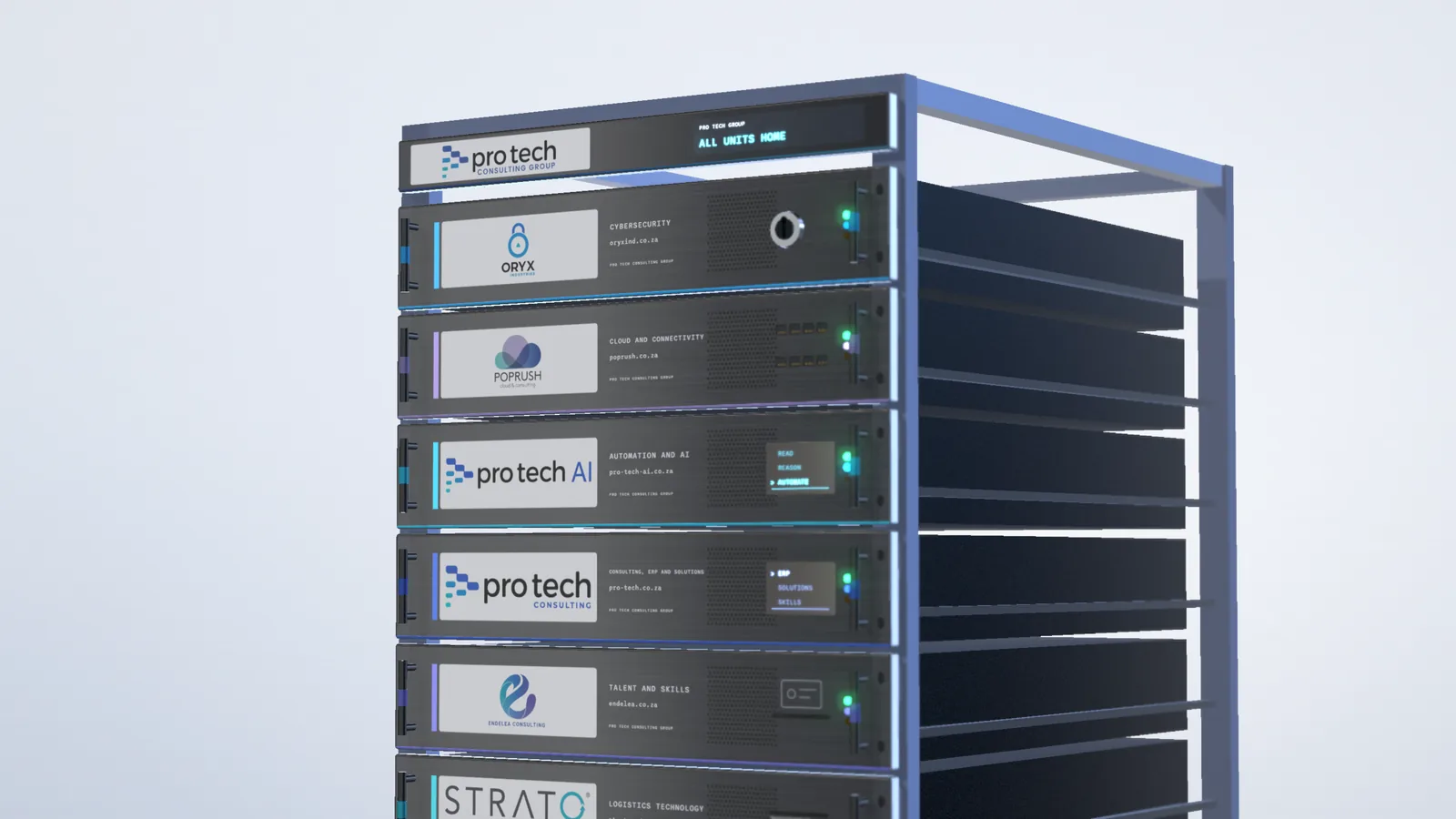 An equipment rack holding six units, each carrying the logo of one Pro Tech company, on a pale studio floor
