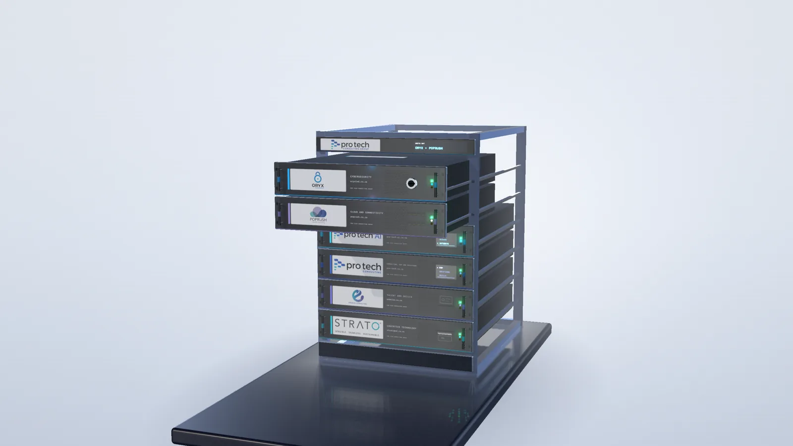 The Oryx Industries and PopRush Cloud units pulled out on their rails at the top of the rack