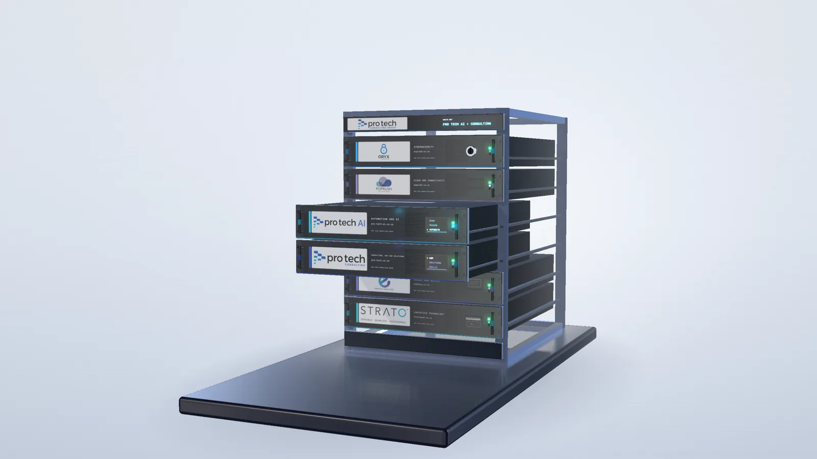 The Pro Tech AI and Pro Tech Consulting units pulled out on their rails in the middle of the rack