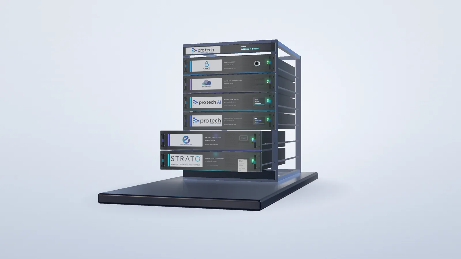 The Endelea Consulting and Strato IT units pulled out on their rails at the bottom of the rack
