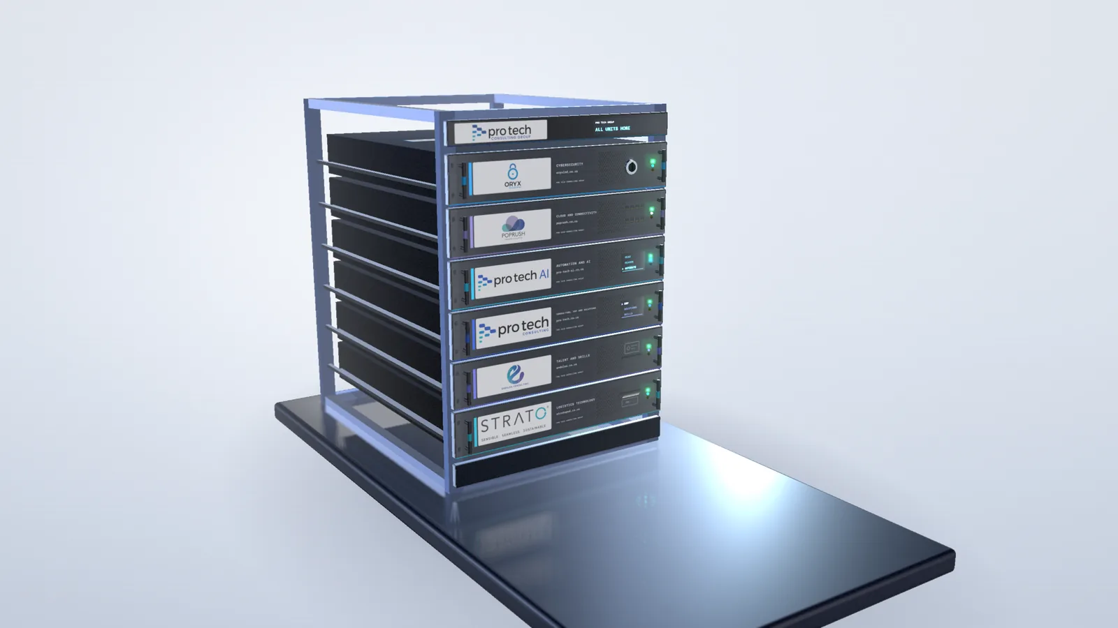 All six units pushed home, the whole rack lit